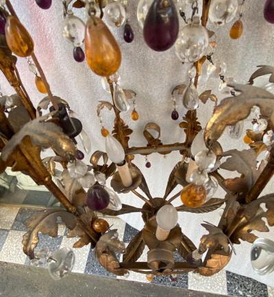 1970 Italian Lantern in Golden Iron with Colored Glass Pendants