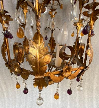 1970 Italian Lantern in Golden Iron with Colored Glass Pendants