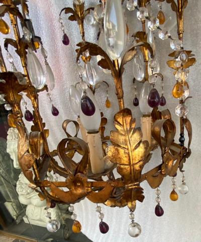 1970 Italian Lantern in Golden Iron with Colored Glass Pendants