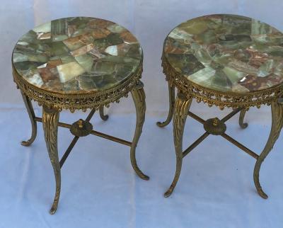 1970 Pair of Gilt Bronze Stands LXV Style Onyx Marquetry Trays