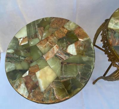 1970 Pair of Gilt Bronze Stands LXV Style Onyx Marquetry Trays