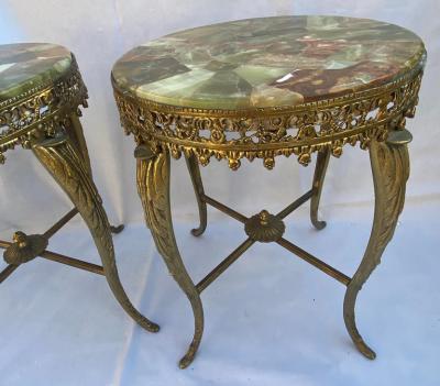 1970 Pair of Gilt Bronze Stands LXV Style Onyx Marquetry Trays