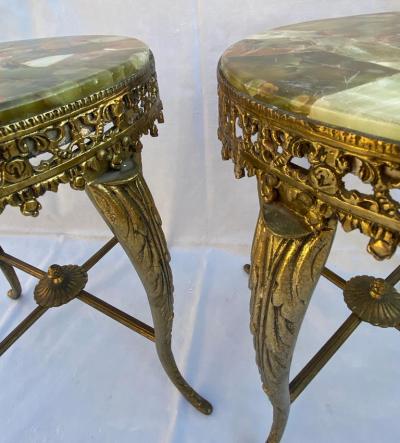 1970 Pair of Gilt Bronze Stands LXV Style Onyx Marquetry Trays