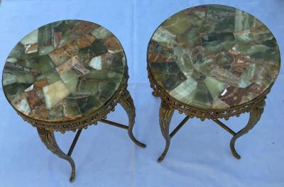 1970 Pair of Gilt Bronze Stands LXV Style Onyx Marquetry Trays