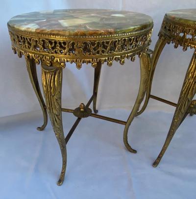 1970 Pair of Gilt Bronze Stands LXV Style Onyx Marquetry Trays