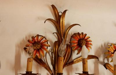 1970 Pair of Painted Metal Sconces with Sunflower Decor 3 Arms of Light