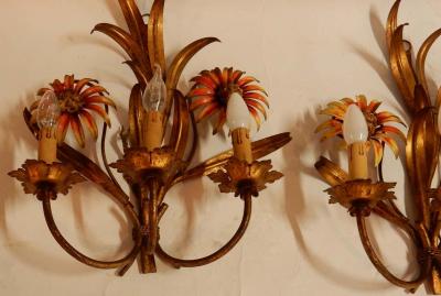 1970 Pair of Painted Metal Sconces with Sunflower Decor 3 Arms of Light