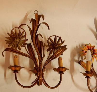1970 Pair of Painted Metal Sconces with Sunflower Decor 3 Arms of Light