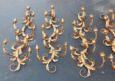 1970 Two Pairs of Wall Lamps Gilded Flowers and Foliage Iron Two Bulbs