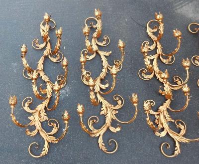 1970 Two Pairs of Wall Lamps Gilded Flowers and Foliage Iron Two Bulbs