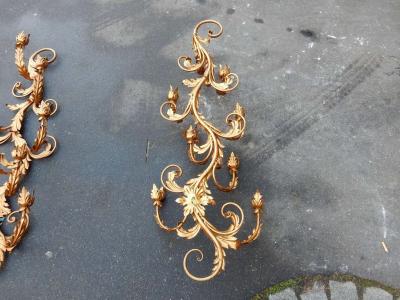 1970 Two Pairs of Wall Lamps Gilded Flowers and Foliage Iron Two Bulbs
