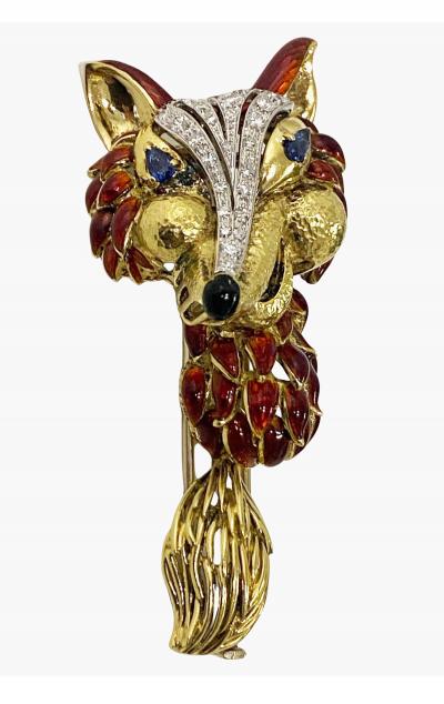 1970 s Fox brooch 18K Diamonds Sapphires Enamel Spritzer Fuhrmann