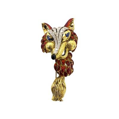 1970 s Fox brooch 18K Diamonds Sapphires Enamel Spritzer Fuhrmann