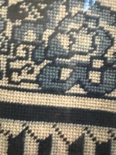 1970S COBALT BLUE BLACK AND CREAM MING VASE NEEDLEPOINT IN CHROME FRAME