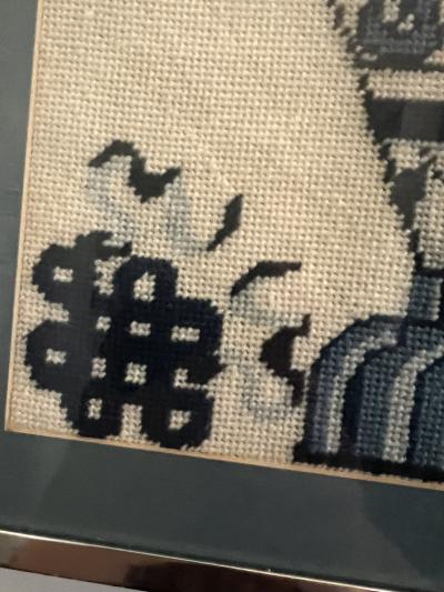 1970S COBALT BLUE BLACK AND CREAM MING VASE NEEDLEPOINT IN CHROME FRAME