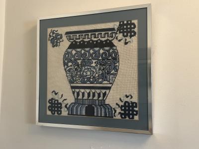 1970S COBALT BLUE BLACK AND CREAM MING VASE NEEDLEPOINT IN CHROME FRAME