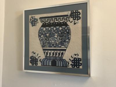 1970S COBALT BLUE BLACK AND CREAM MING VASE NEEDLEPOINT IN CHROME FRAME