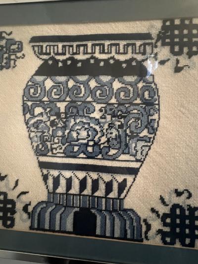 1970S COBALT BLUE BLACK AND CREAM MING VASE NEEDLEPOINT IN CHROME FRAME