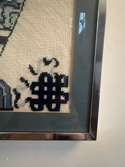 1970S COBALT BLUE BLACK AND CREAM MING VASE NEEDLEPOINT IN CHROME FRAME