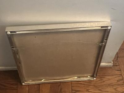 1970S COBALT BLUE BLACK AND CREAM MING VASE NEEDLEPOINT IN CHROME FRAME