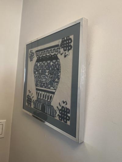 1970S COBALT BLUE BLACK AND CREAM MING VASE NEEDLEPOINT IN CHROME FRAME