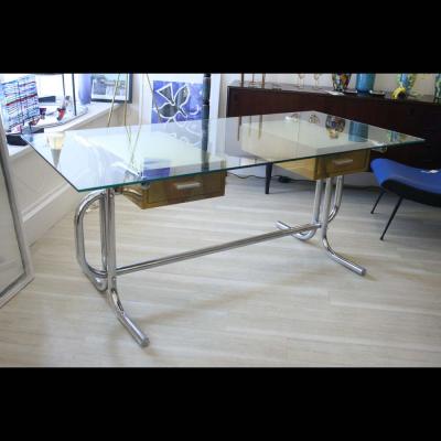 1970S GLASS TOP ON TUBULAR METAL FRAME WITH BRASS ITALIAN DESK