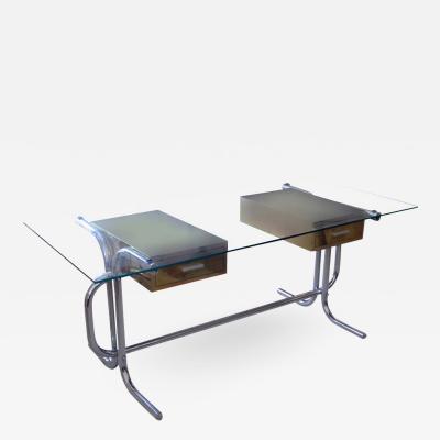 1970S GLASS TOP ON TUBULAR METAL FRAME WITH BRASS ITALIAN DESK