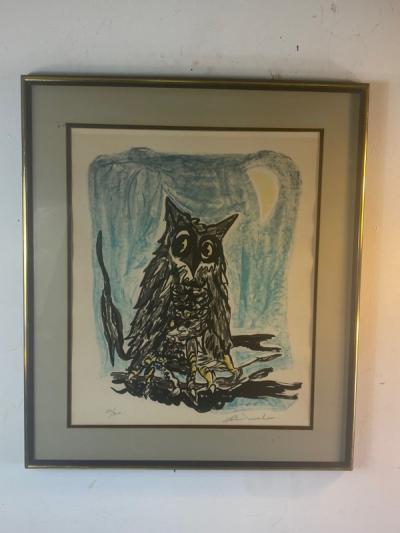 1970S SIGNED OWL AND MOON LITHOGRAPH