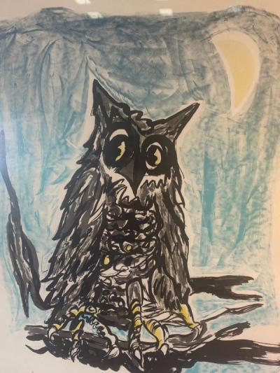 1970S SIGNED OWL AND MOON LITHOGRAPH