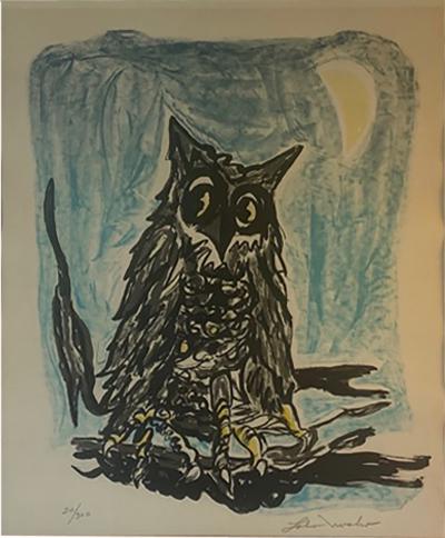 1970S SIGNED OWL AND MOON LITHOGRAPH