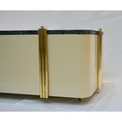 1970s Art Deco Green Marble and Cream White Lacquered Coffee Table or Bench