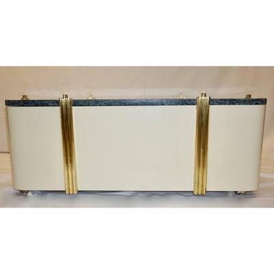 1970s Art Deco Green Marble and Cream White Lacquered Coffee Table or Bench