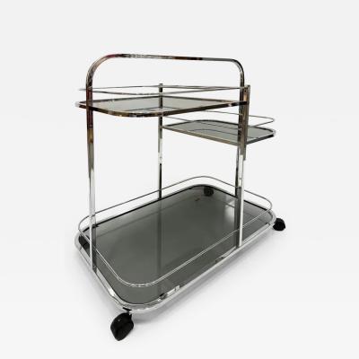 1970s Art Deco Revival Tiered Bar Cart in Chrome Smoked Glass