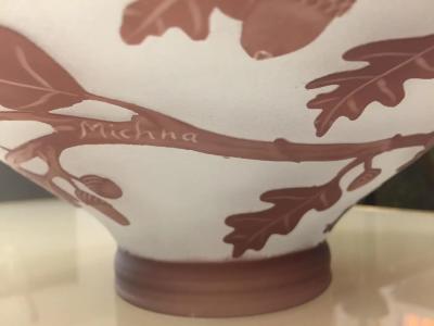 1970s Austrian Vintage Art Nouveau Decor Frosted White Brown Overlay Glass Bowl
