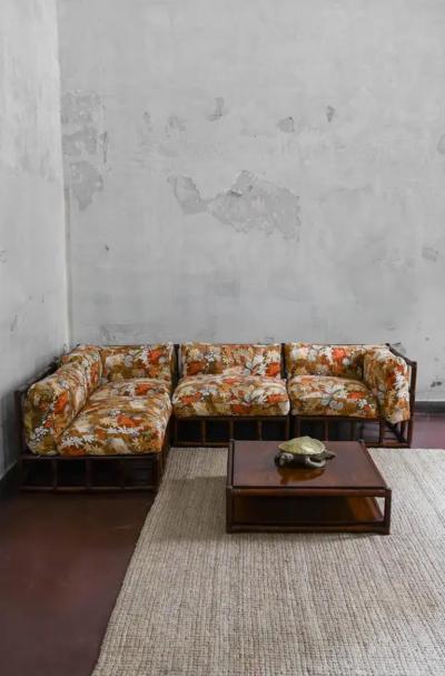 1970s Bamboo Living Room Set Four Module Sofa Bamboo and wood Coffee Table