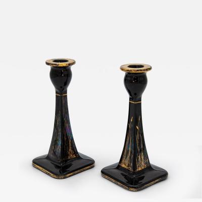 1970s Black Gold Candle Holders Pair