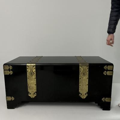 1970s Black Lacquer Coffer with Brass Strapping and Camphor Interior France
