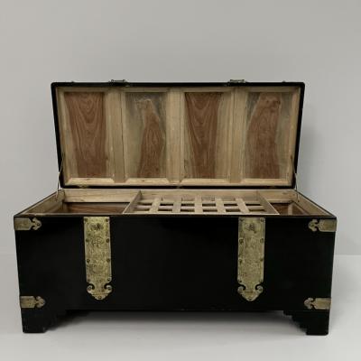 1970s Black Lacquer Coffer with Brass Strapping and Camphor Interior France