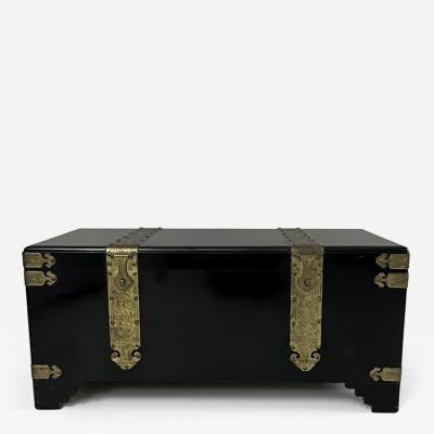 1970s Black Lacquer Coffer with Brass Strapping and Camphor Interior France