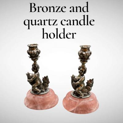 1970s Bronze and quartz candle holder