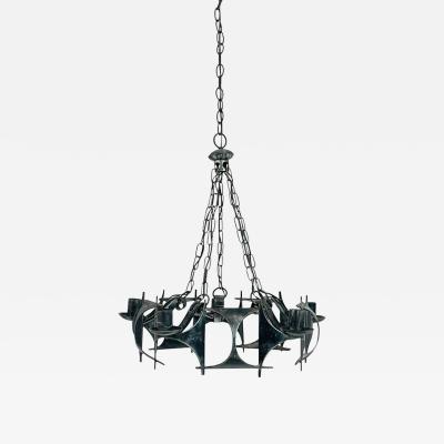 1970s Brutalist Modernist Wrought Iron Chandelier with Geometric Design