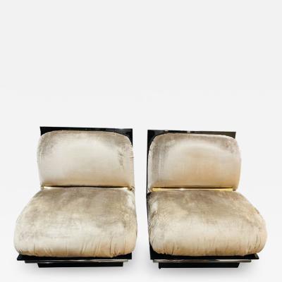 1970s French smoked lucite silk velvet lounge chairs