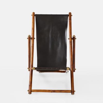 1970s Italian Bamboo and Black Leather Sling Reclining Campaign Chair