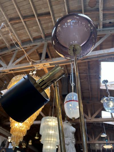 1970s Italian Brass Floor Lamp with Smoked Murano Glass and Adjustable Spotlight