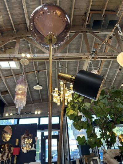 1970s Italian Brass Floor Lamp with Smoked Murano Glass and Adjustable Spotlight