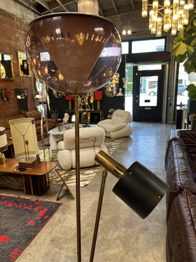 1970s Italian Brass Floor Lamp with Smoked Murano Glass and Adjustable Spotlight
