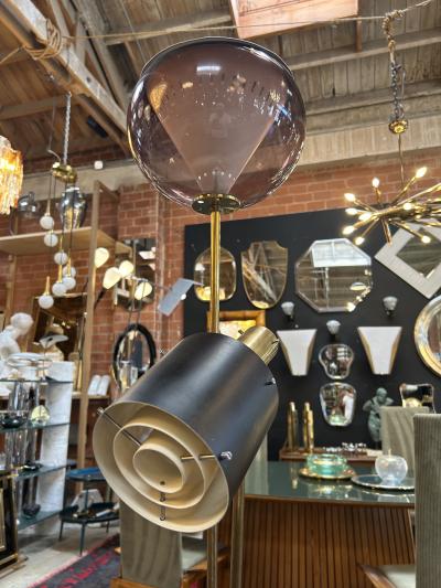 1970s Italian Brass Floor Lamp with Smoked Murano Glass and Adjustable Spotlight