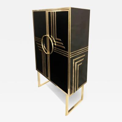 1970s Italian Vintage Art Deco Geometric Gold Brass Black Glass Tall Cabinet