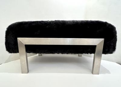 1970s Italian Vintage Black Faux Fur Steel Bed Stool Bench
