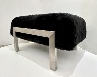 1970s Italian Vintage Black Faux Fur Steel Bed Stool Bench